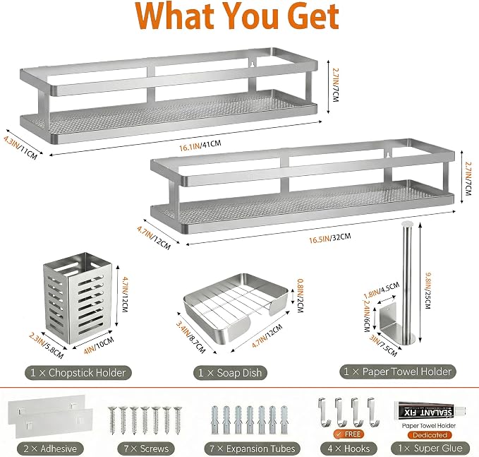 PUSDON 5-in-1 16.5" Extra Long Kitchen Organizer & Shower Caddy Set, Wall Mount Spice Rack with Paper Towel Holder, Utensil Holder & Soap Dish, Rustproof Mesh - Silver Gray, Guardrail