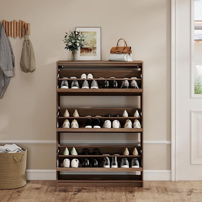 Shoe Cabinet with 3 Flip Drawers, 31.5" W Narrow Shoe Storage Cabinet for Entryway, Slim Shoe Organizer with Adjustable Shelves, Freestanding Shoe Rack for Hallway, Living Room, Walnut