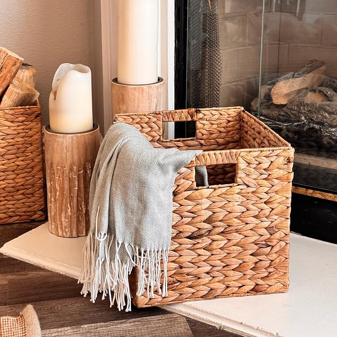6 Hand-Woven Wicker Storage Baskets 13x11x11in, Water Hyacinth Shelf Bins | ECO-FRIENDLY & SUSTAINABLE