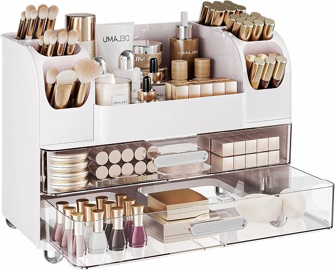 Delamu Large Makeup Organizer Countertop with 6 Brush Holders, Makeup Organizers for Vanity with 2 Large Drawers, Easy to Store Skincare, Lipsticks, Nail Polishes, Perfumes, Eyeshadow Palettes, White