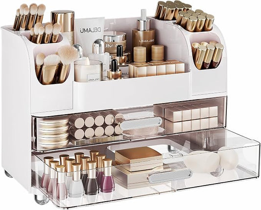 Delamu Large Makeup Organizer Countertop with 6 Brush Holders, Makeup Organizers for Vanity with 2 Large Drawers, Easy to Store Skincare, Lipsticks, Nail Polishes, Perfumes, Eyeshadow Palettes, White