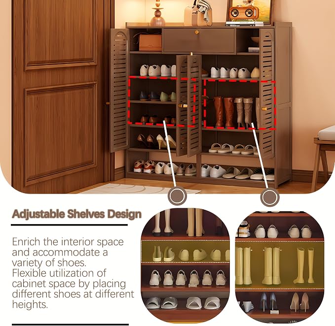 Shoe Cabinet with Louvered Doors, Freestanding Entryway Shoe Storage Cabinet with Drawer & Open Compartment, Modern Bamboo Shoe Rack Organizer with Shelves for Closet
