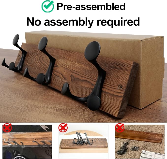 WEBI Coat Rack Wall Mount,17" Solid Wood Coat Hooks Wall Mounted Coat Hanger,16" Hole to Hole,Heavy Duty Hook Rack,3 Triple Hooks for Hanging Coats,Jacket,Hat,Backpack,Farmhouse,Brown,2 Packs