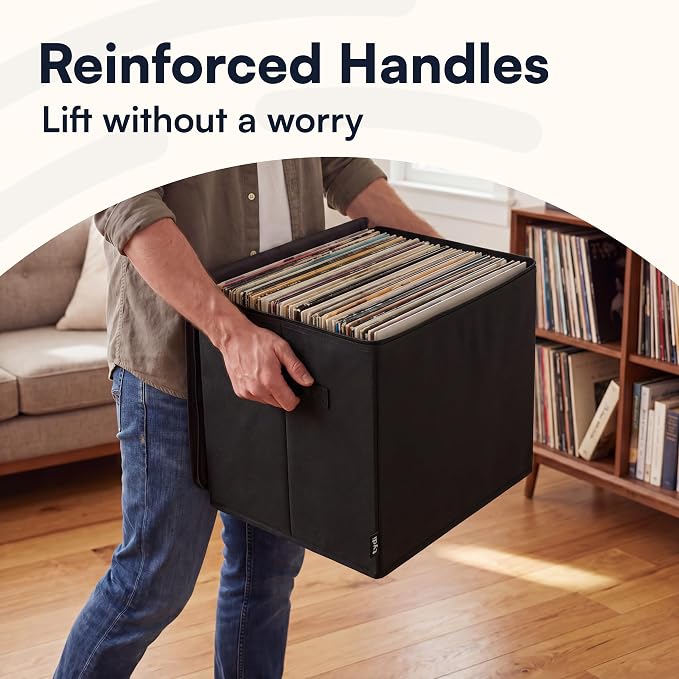 Vinyl Record Storage Box with Zip Closure – Holds Up To 90 12 Inch Vinyl Records – Collapsible Crate, LP Storage Boxes, Records Box – Stackable Record Case