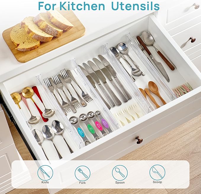 Vtopmart 4 Pack 2.36" Short Upgrade Drawer Dividers for Kitchen Drawer, 12.8"-22.3" Expandable Kitchen Drawer Organizer, Clear Plastic Organizer Separator for Flatware, Utensil, Cutlery, Underwear