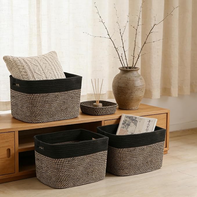 3 Pack Woven Baskets,Storage Baskets for Shelves with Handles | 13.5"×11"×9.5", Closet Baskets, Nursery Organizer for Toys Towels Books, Storage Bin for Living Room Bedroom (Black & Jute)