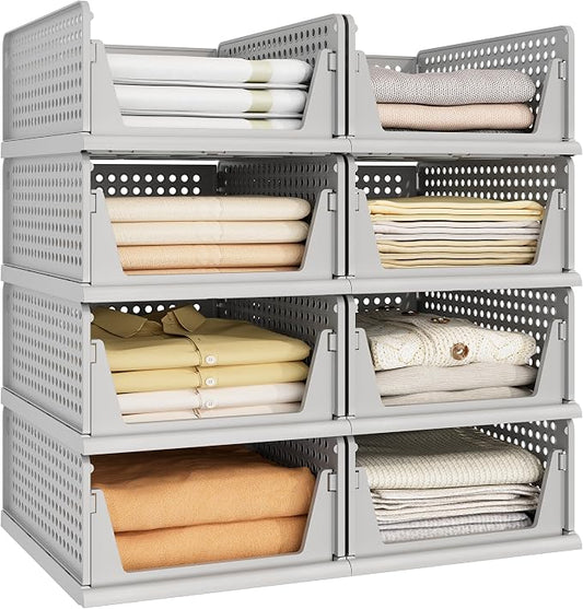 Pinkpum 8 Pack Closet Organizer Storage Bins Stackable Plastic Drawer Shelf | Basket for Clothing Stackable Storage Bins Shelf Storage Container for Closet Wardrobe Bedroom Bathroom Office Grey Foldable
