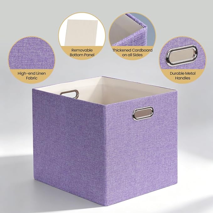 Posprica 3X Thicker Collapsible Storage Bins,13×15x13 Foldable Storage Cube Boxes Fabric Drawer for Closet Shelf Cabinet Bookcase, set of 4 (Purple)