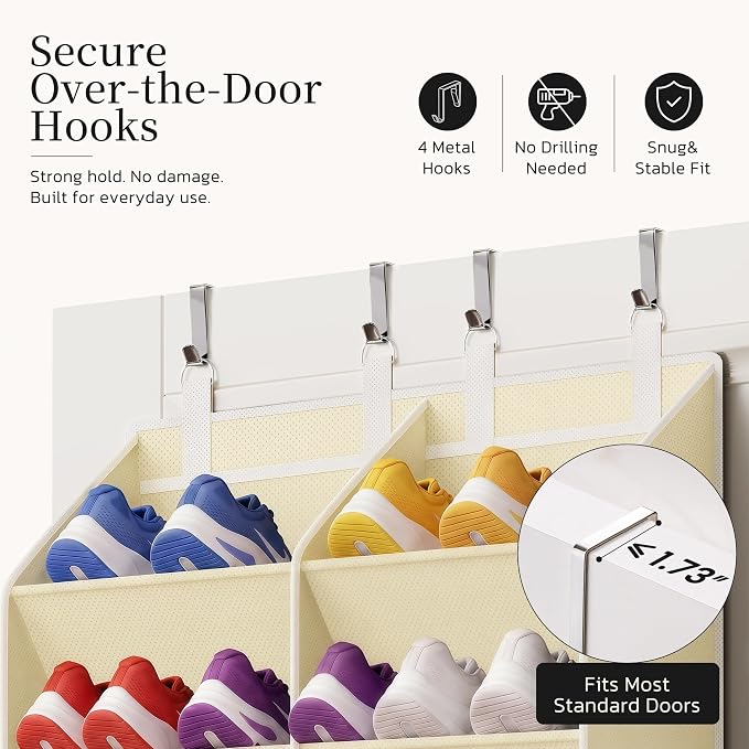 Over the Door Shoe Organizer, 20-30 Pairs Heavy-Duty Hanging Shoe Storage with Large Pockets, 10-Tier Door Shoe Rack with 4 Hooks for Sneakers Sandals Heels Boots (Beige)