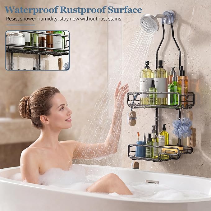 Skyapex Hanging Shower Caddy Bathroom Organizer - Over The Shower Head Adjustable Rack for Tall Showerheads, Extra Large Storage Shelf with Soap Holder for Big Shampoo Bottles
