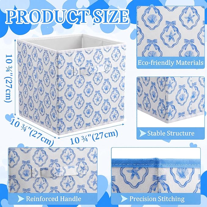 6 Pcs Blue Bow Seashell Storage Bins 11 Inch Summer Beach Storage Basket with Handle, Coastal Organizer Basket, Ocean Collapsible Fabric Box for Classroom Bedrooms Office Home Decoration Gift