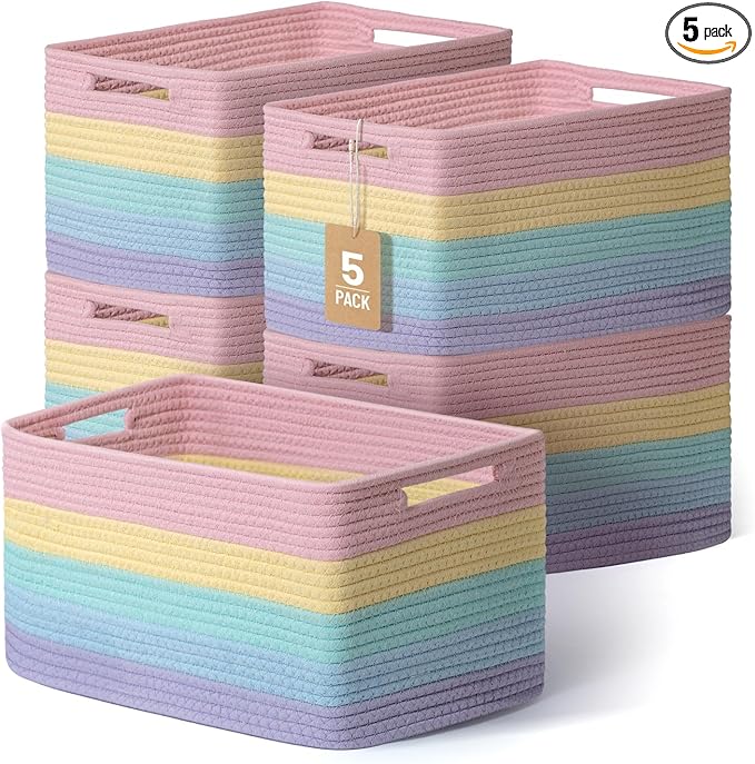 5 Pack Rainbow Woven Storage Baskets for Shelves, Decorative Toy Baskets Organizer for Kids Room, Nursery, Playroom, Classroom – Colorful Cotton Rope Toy Storage Bins for Organizing & Decor