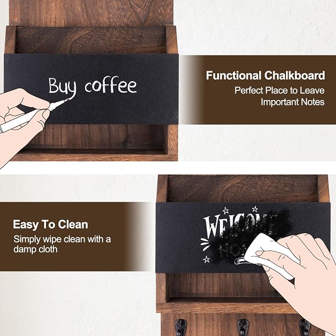 Key and Mail Holder for Wall, Key Holder with Chalkboard and Long Storage Box, Key Hanger with 3 Sturdy Hooks for Coat, Dog Leash, Entryway Mail Organizer (Brown)