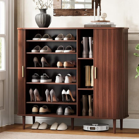 DHH Shoe Storage Cabinet with Sliding Door, 6-Tier Shoe Cabinet with Adjustable Shelves, Modern Freestanding Shoe Storage Organizer for Entryway, Hallway, Living Room (Walnut, 47 ")