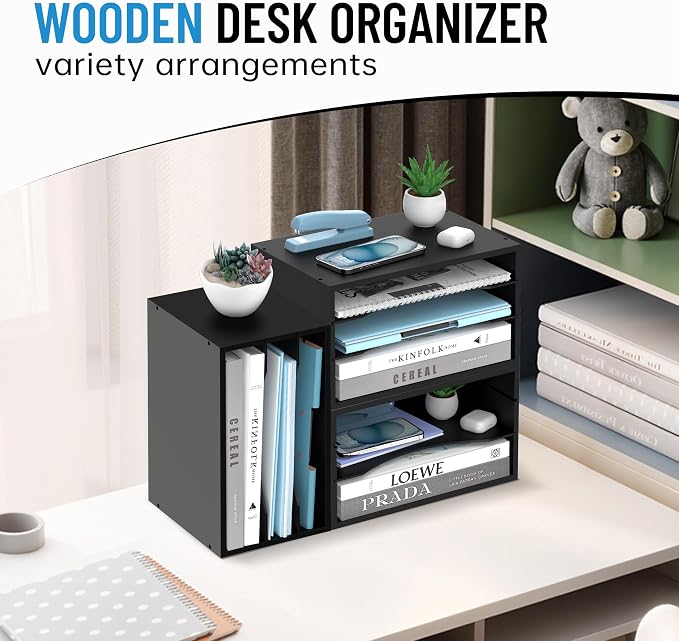 3-Tier Paper Organizer for Desk, Adjustable Mail Organizer, Black | 3-Tier Paper Organizer and Mail Organizer for Desk with Adjustable Shelves for Letter Size Files Folders and Office Supplies