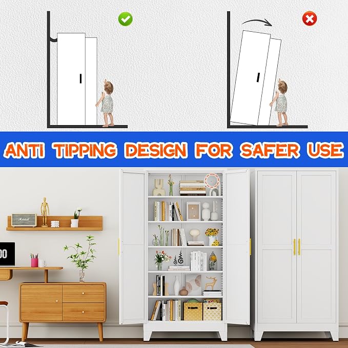 GAIOUS 75.2" Tall Metal Storage Cabinet, Kitchen Pantry Cabinet White | Food Storage, Kitchen Organizer, Freestanding Cupboard with 2 Doors and 5 Adjustable Shelves, 6 Tier, Steel,for Office Dining