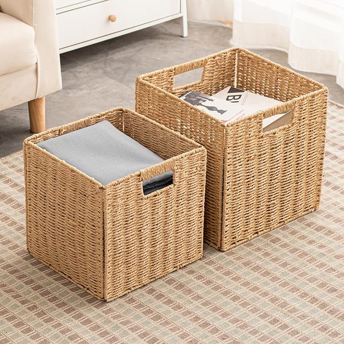 Foldable Storage Baskets with Handles Paper Rope Storage Baskets Rectangle Collapsible Hand Woven Storage Cubes Bins for Organizing Shelves Living Room Bedroom Pantry (3, 11'' x 11'' x 11'')