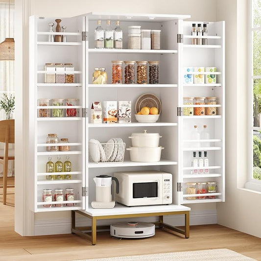 kepptory 51” Kitchen Pantry Storage Cabinet with Diamond Design, White Freestanding Pantry Cabinets with Golden Base and Handles, Buffet Cupboards Cabinet with 6 Adjustable and Large Storage Space