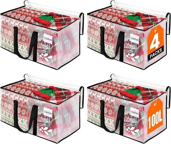RoomHacks Moving Bags, Heavy Duty Large Storage Bags, 100L, 4 Pack, Clear | Water-Resistant Packing Bags with Reinforced Handles & Dual Zippers, Foldable Storage Totes for Dorm Move & Home Organization