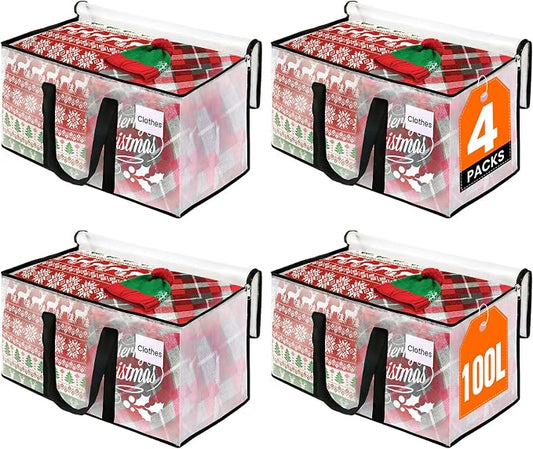 RoomHacks Moving Bags, Heavy Duty Large Storage Bags, 100L, 4 Pack, Clear | Water-Resistant Packing Bags with Reinforced Handles & Dual Zippers, Foldable Storage Totes for Dorm Move & Home Organization