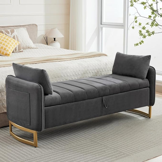 66" King Size End of Bed Storage Bench, Storage Benches for Bedroom Foot of Bed, Upholstered Storage Ottoman Bench with Golden Legs and Pillow for Living Room Window Entryway, Velvet Dark Grey