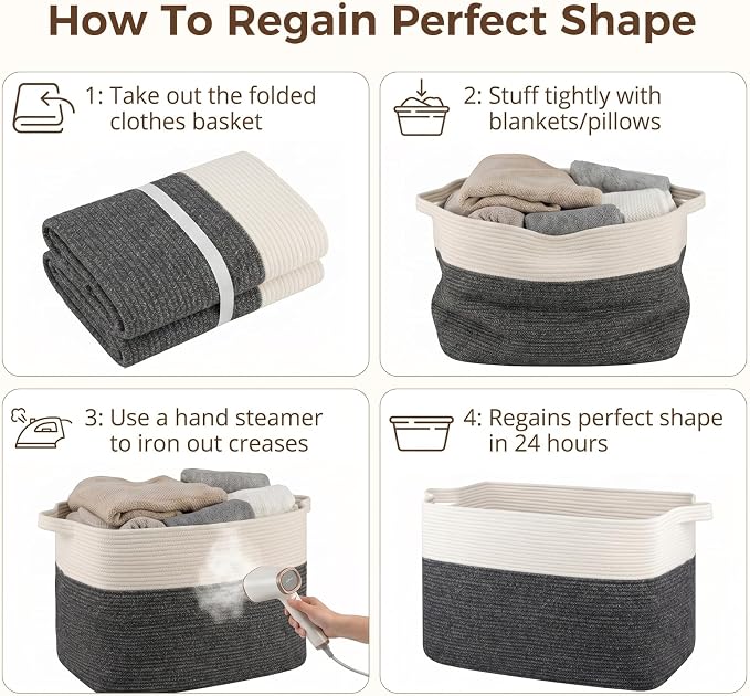 OIASKET 108L Cotton Rope Storage Basket for Living Room and Bedroom 25"x16"x16" Woven Laundry Basket, Heavy Duty Bin for Blankets, Pillows & Toys, Pet-Safe & Scratch-Free, Dark Grey and White