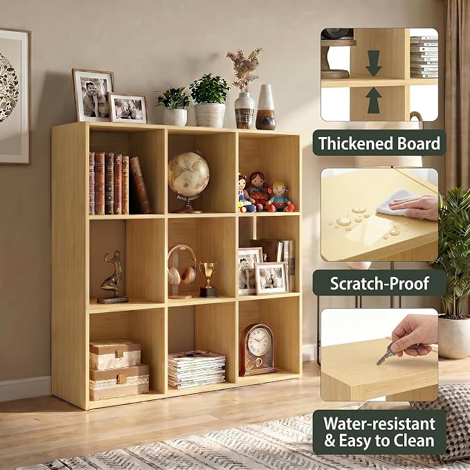 WannabeMyself【Sturdy Build&Easy Assembly】9 Cube Storage Organizer with Anti-Tipping Kits,Reversible Open Back Book Shelf, Bookcase for Living Room,Bedroom,Entrance Hall,Office,35.8×11.4×35.9,Oak Color