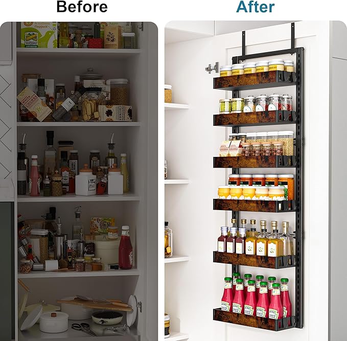 BUKFEN 6-Tier Over the Door Pantry Organizer, 2-in-1 Door Hanging or Wall Mounted Spice Rack with Adjustable Wooden Baskets, Heavy Duty Metal Storage Shelf, 12 Hooks for Kitchen, Bathroom, Closet