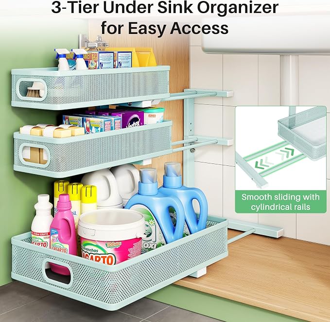 Under Sink Organizer, 1-Pack 3-Tier Height Adjustable Thickened Metal Pull out Cabinet Organizer Shelf, Slide out Storage Drawer Rack for Bathroom Kitchen Pantry Home Organization, LightBlue
