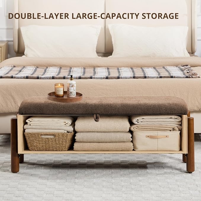 55'' Modern Storage Ottoman Benches | Walnut Wood Legs 26 Gallons Storage Space Fabric Upholstered Seating End of Bed for Bedroom Livingroom Brown