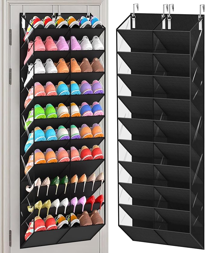 UVIAHOMI 20-30 Pairs Over the Door Shoe Organizer, Clear Pockets Hanging Shoe Storage for Closet, 10-Tier Door Shoes Rack, Handing Shoes Holder Fit All the Family's Sneakers, Boots, Heels, Black