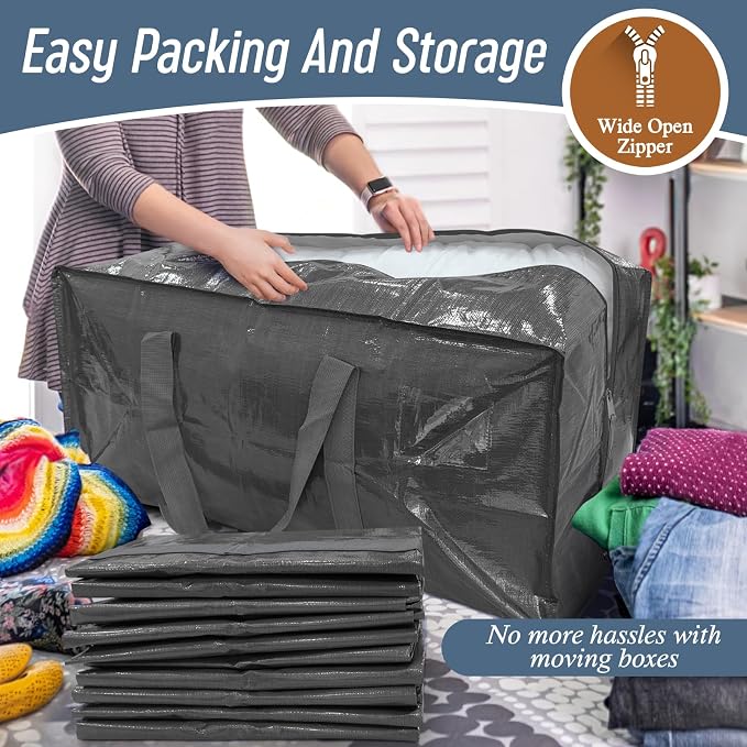 6 Pack Extra Heavy Duty Large Moving Bags with Strong Zipper & Comfortable Handles, Sturdy & Durable Clothes Storage Bags Totes Bins, Packing Moving Boxes for College Supplies, Gray