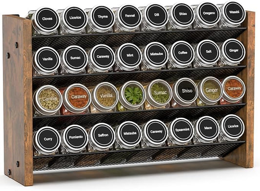 NESAPTO Spice Rack Organizer for Cabinet, Wood 4-Tier Vertical Seasoning Organizer, Wall Mount or Countertop Spice Shelf, Holds 32 Jars (No Jars Included), 15.7" W x 10.3" H