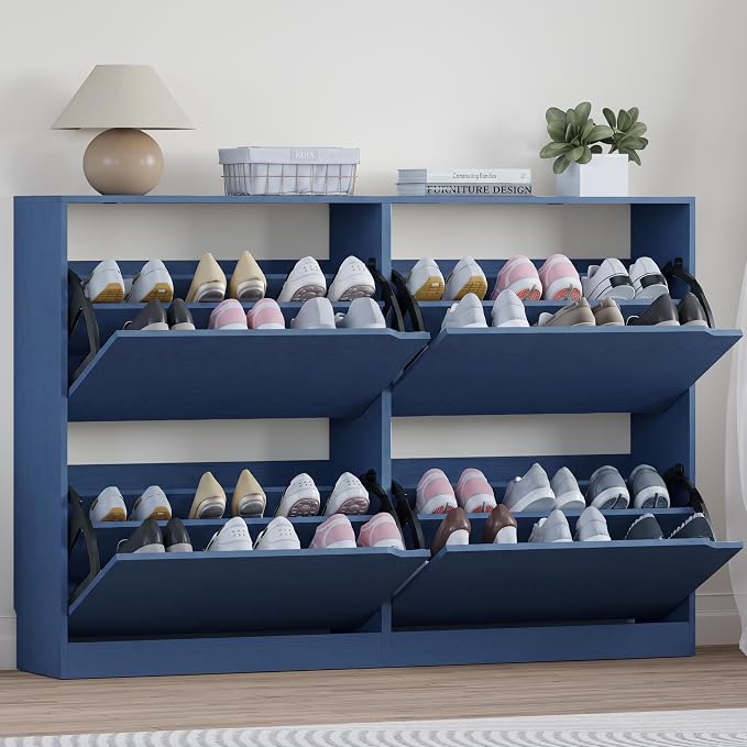 BORNOON Shoe Cabinet with 4 Flip Drawers, Narrow Hidden Shoe Storage Cabinet, Slim Freestanding Shoe Rack Organizer for Entryway, Hallway, Bedroom, Living Room