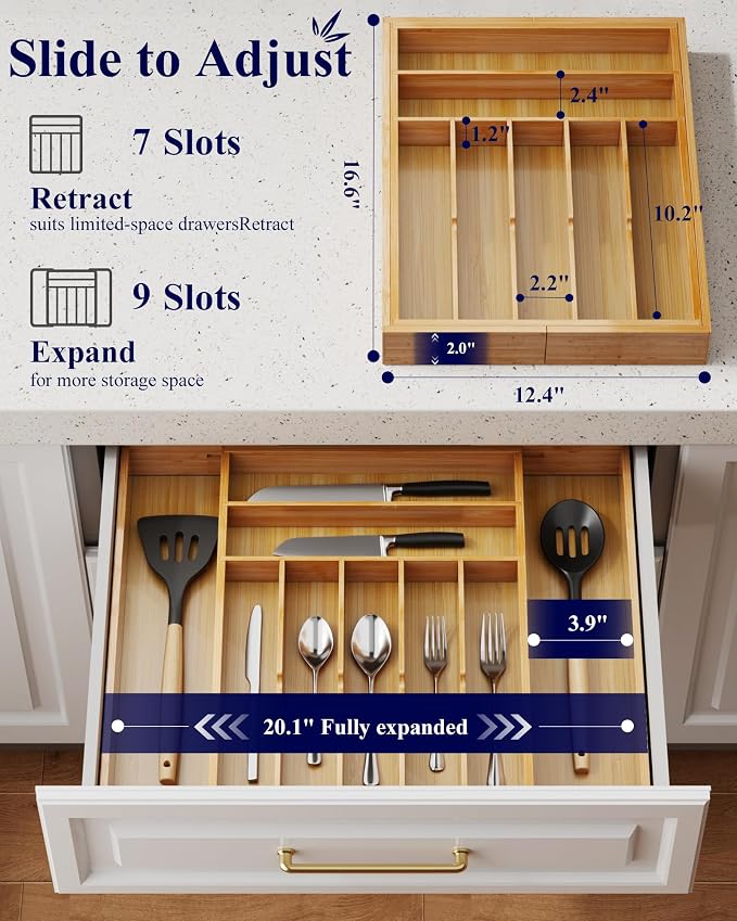 Kitsure Silverware Organizer, Bamboo Kitchen Drawer Tray, Natural, XX-Large | Expandable Drawer Kitchen Organizer, Cooking Utensils & Cutlery, Sturdy & Thickened Design, Storage Solution