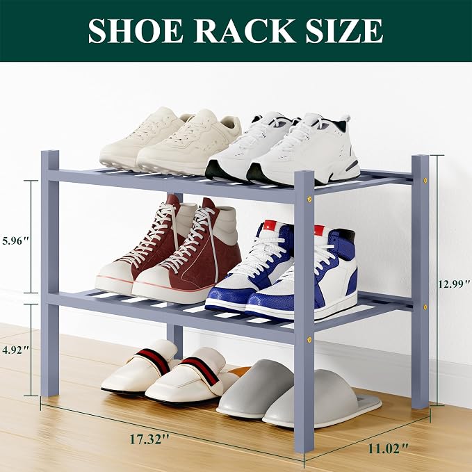 Smiry Bamboo Shoe Rack, 12 Vertical Slats, 2 Tier - 17.3" Wide, Grey | Stackable Free Standing Wooden Shoe Organizer, Wood Shoe Storage Shelf for Closet, Entryway