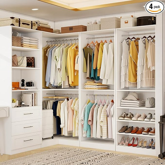Closet Organizer System of 4 Sets with 3 Drawers, 9 Hanging Rods & 8 Shelves, 157" Walk in Closet System, Corner Closet Organizer, Modular Standalone Closet, White