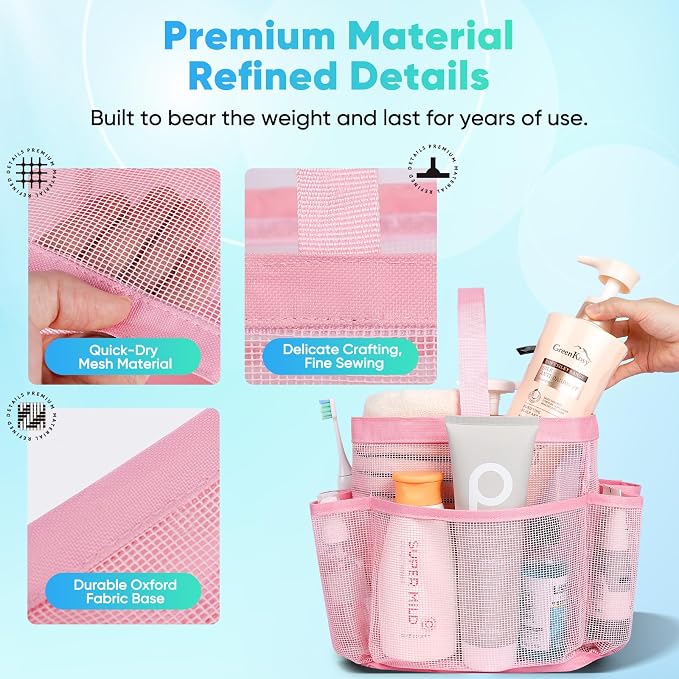 EUDELE Mesh Shower Caddy Portable for College Dorm Room Essentials,Portable Shower Caddy Dorm with 9-Pocket Large Capacity, Shower Bag for Beach, Swimming, Gym, Travel essentials, Pink