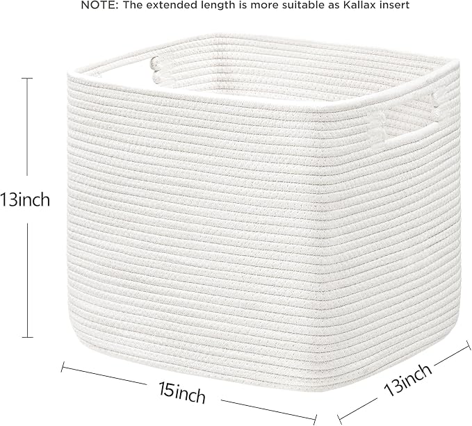 UBBCARE Set of 2 Kallax Storage Cubes-13 ×15 ×13 Inch, Cotton Rope Basket for Shelves, Toys, Book, Cube Storage Bin with Handles, Woven Storage Basket for Organizing, White