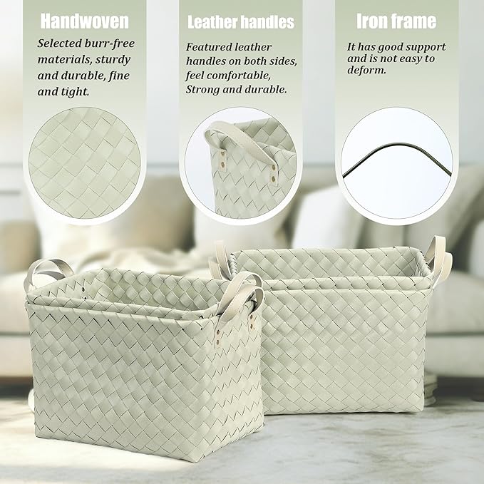 BROWNLILY Handwoven Clothes Basket Laundry Hampers Large Wicker Storage Baskets for Shelves Blankets Closet Storage Bins Car Bedroom Bathroom Organizers and Storage Bath (Pack of 4, Green)