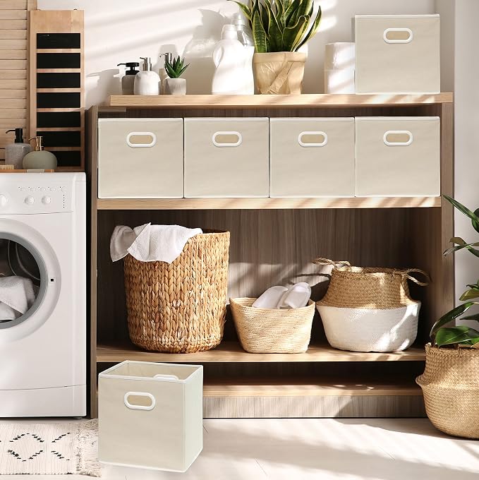 Simple Houseware 11-Inch Foldable Cube Storage Bins with Handles, Beige | 6-Pack Lightweight & Durable Structure Fabric Cubes Organizer for Closet or Shelves