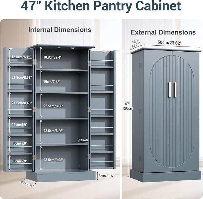 kepptory 47" Kitchen Pantry Cabinet with Doors and Adjustable Shelves, Freestanding Pantry Storage Cabinet, Farmhouse Buffet Cupboard for Kitchen, Dining Room, Living Room, Grey