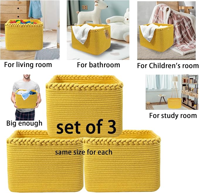 COMFY-HOMI 3PACK Cotton Rope Square Basket with Handles for Shelves| Storage|Baby Basket for GIF|Shoe Basket for Organizing|New13.5" x 11" x 9.5" for Living Room