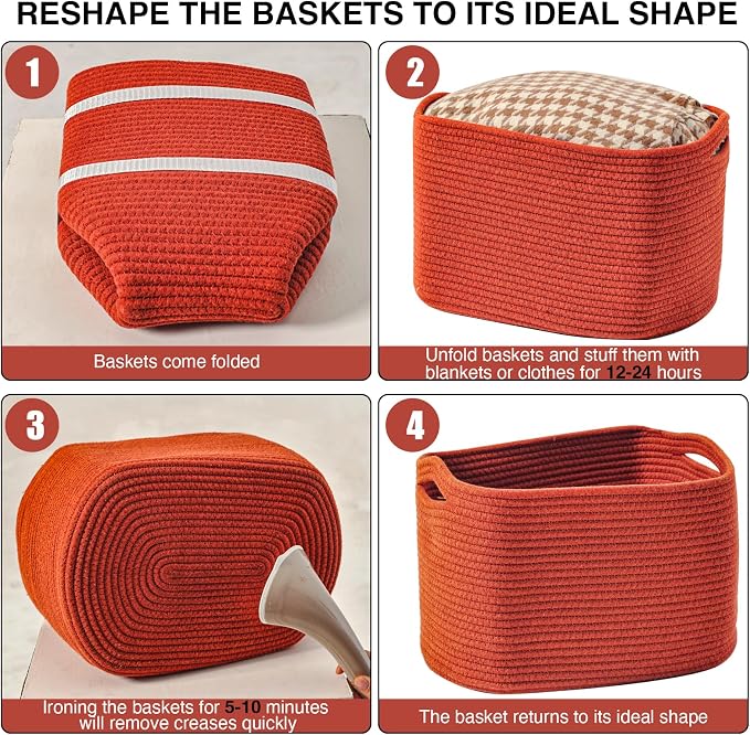 ICERZCZ Storage Baskets for Organizing, Storage Basket for Shelves, Toy Towel Basket for Bathroom Nursery, Woven Cotton Rope Baskets for Decor, 15"x11"x9.5", 3 Packs, Brick Red