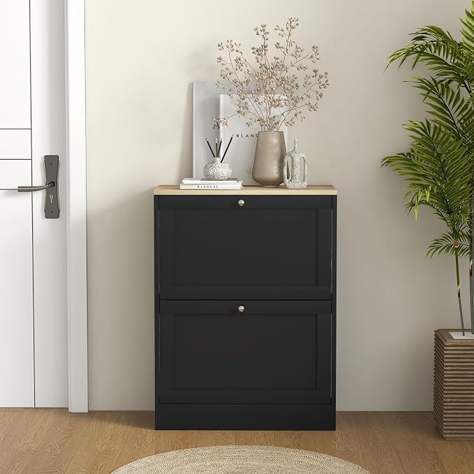 HOMCOM Shoe Cabinet with 2 Flip Drawers, Narrow Slim Shoe Rack, Black | Freestanding, Storage Cabinet, for Entryway, Hallway