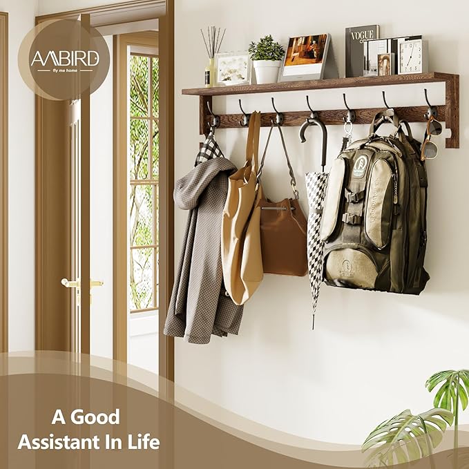 AMBIRD Coat Rack Wall Mount, 35 Inch Extra Long Wall Hooks with Hanging, Wooden Shelf with 7 Metal Hooks 2 Side Hooks, Wall Key Holder with Shelf in Entryway, Kitchen, Bathroom, Living Room, Bedroom