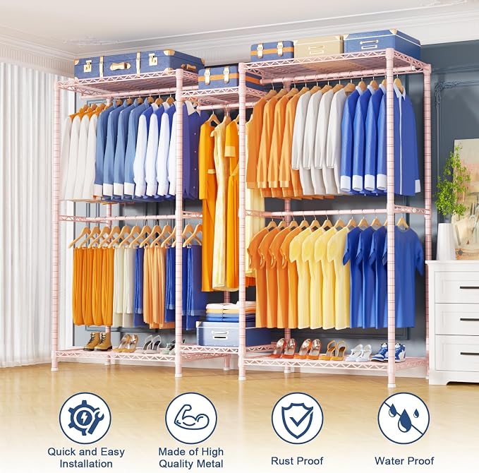 E12 Pro Clothes Rack，Heavy Duty Freestanding Garment Rack with Shelves，Metal Clothing Closet Storage System for Hanging Clothes，71" W x 16" D x 76.5" H, Hold 960 lbs，Pink