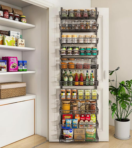 Mefirt 10-Tier Over The Door Pantry Organizer, 2 in 1 Wall Mount & Hanging | Pantry Organization and Storage, Black Metal Adjustable Basket, Wall Spice Rack Seasoning Shelves, Home & Kitchen Essentials