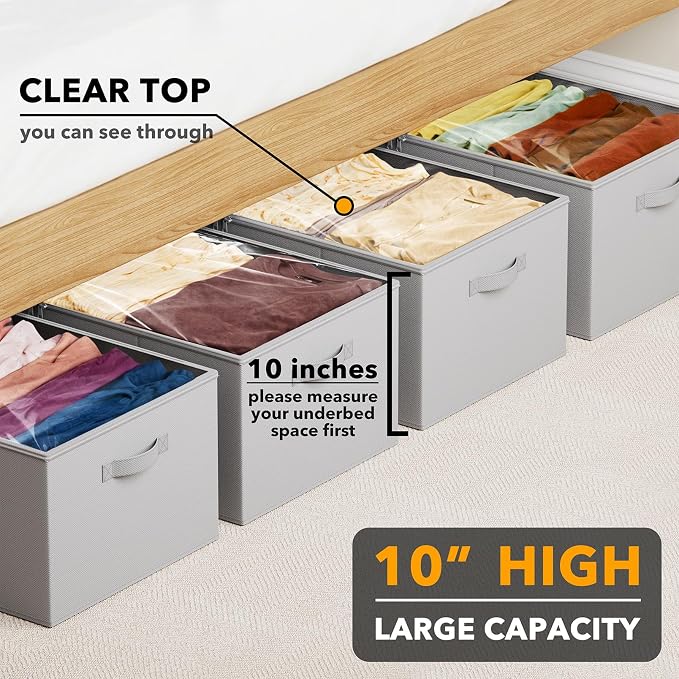 SpaceAid 4 Pack 10" High Under Bed Storage Containers, Large Underbed Storage Organizer Bins with Lids for Bedroom, Dorm, Clothes, Closet Organization, Bed Sheets and Blankets (Gray)