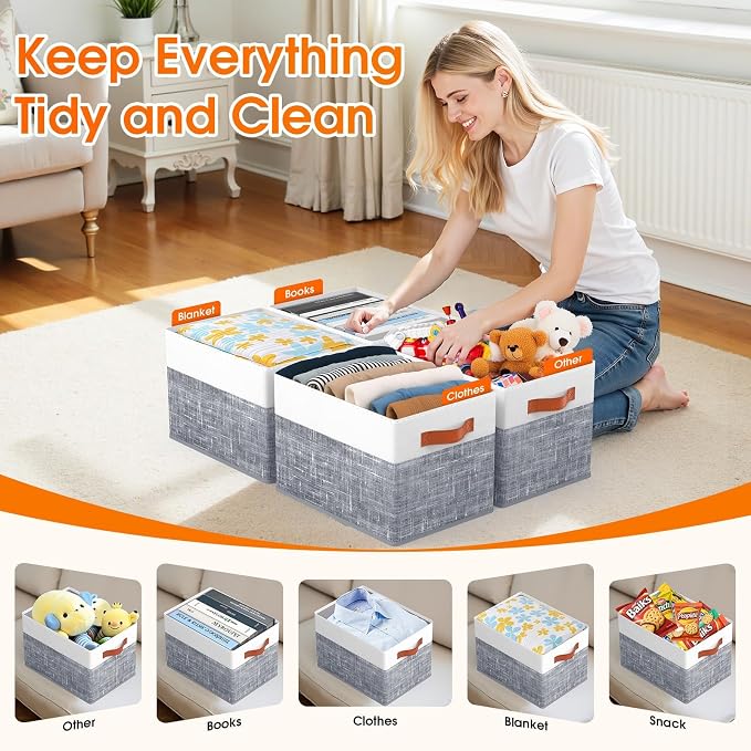 Fab totes Collapsible Storage Baskets for Shelves,14"x10", 8 Pack Foldable Fabric Storage Bins with Double Leather Handles, Large Baskets for Organizing Books, Clothes, White & Grey